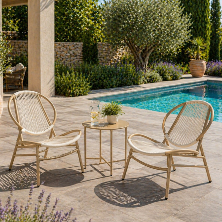Mobilier gradina si terasa - Set bistro gradina 3 piese, scaune Acapulco si masa diametru 50 cm, cadru metalic, maro