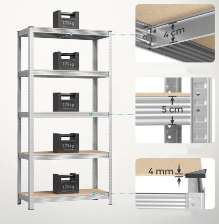 SONGMICS Set de 2 Rafturi de depozitare, cadru din otel armat, polite din MDF, max 2x875kg, 180x90x40cm, gri [3]