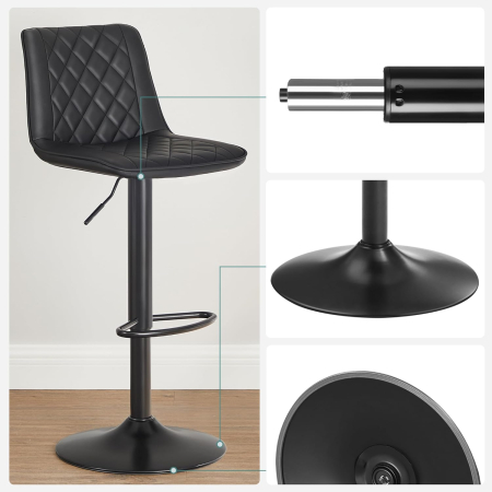 Set de 2 scaune de bar, cu spatar, reglabile in inaltime, tapitat cu PU, 47x51x(89-109)cm, negru [2]