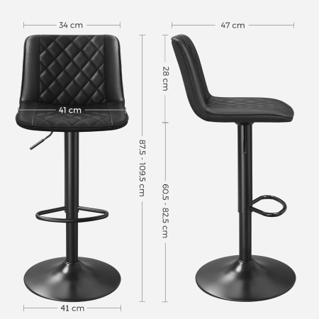 Set de 2 scaune de bar, cu spatar, reglabile in inaltime, tapitat cu PU, 47x51x(89-109)cm, negru [5]
