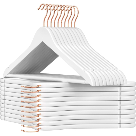 Dormitor & birou - Set de 20 de umerase din lemn, cu bara antiderapanta pentru pantaloni si carlig rotativ, 45 cm, alb
