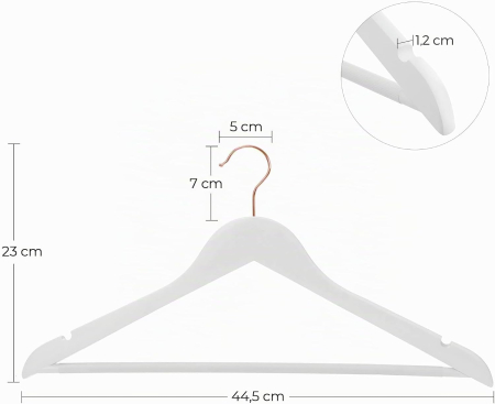 Set de 20 de umerase din lemn, cu bara antiderapanta pentru pantaloni si carlig rotativ, 45 cm, alb [1]