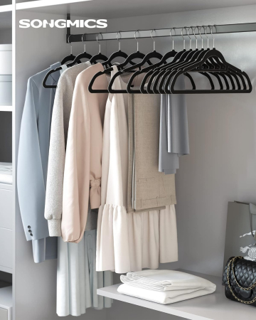 SONGMICS Set de 20 de umerase pentru haine, anti-alunecare cu catifea, bara de cravata si carlig pivotant, 43,5 cm, negru [1]