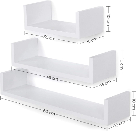 Set de 3 rafturi de perete plutitoare, MDF lucios, 30/45/60 cm, alb [2]