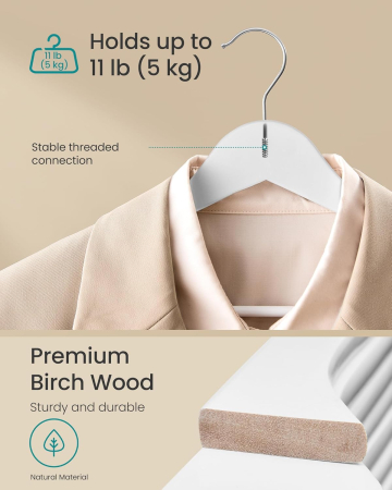 Set de 30 de umerase din lemn, carlige rotative 360°, cu bara pentru pantaloni, 43 cm, alb [1]