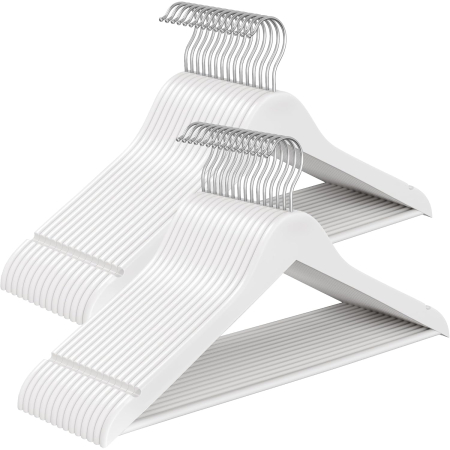 Dormitor & birou - Set de 30 de umerase din lemn, carlige rotative 360°, cu bara pentru pantaloni, 43 cm, alb