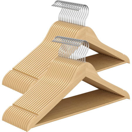 Dormitor & birou - Set de 30 de umerase din lemn, carlige rotative 360Â°, cu bara pentru pantaloni, 43 cm, natur