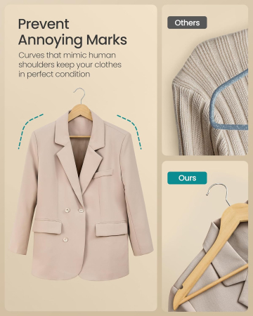 Set de 30 de umerase din lemn, carlige rotative 360Â°, cu bara pentru pantaloni, 43 cm, natur [2]