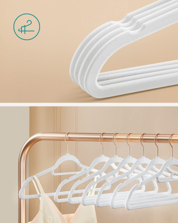 Set de 50 de umerase pentru haine, anti-alunecare cu catifea, bara de cravata si carlig pivotant, 43,5 cm, alb [2]
