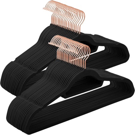 Umerase si huse haine - Set de 50 de umerase pentru haine, anti-alunecare cu catifea, bara de cravata si carlig pivotant, 43,5 cm, negru