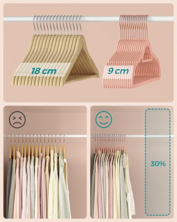 SONGMICS Set de 50 de umerase pentru haine, anti-alunecare cu catifea, bara de cravata si carlig pivotant, 43,5 cm, roz [4]