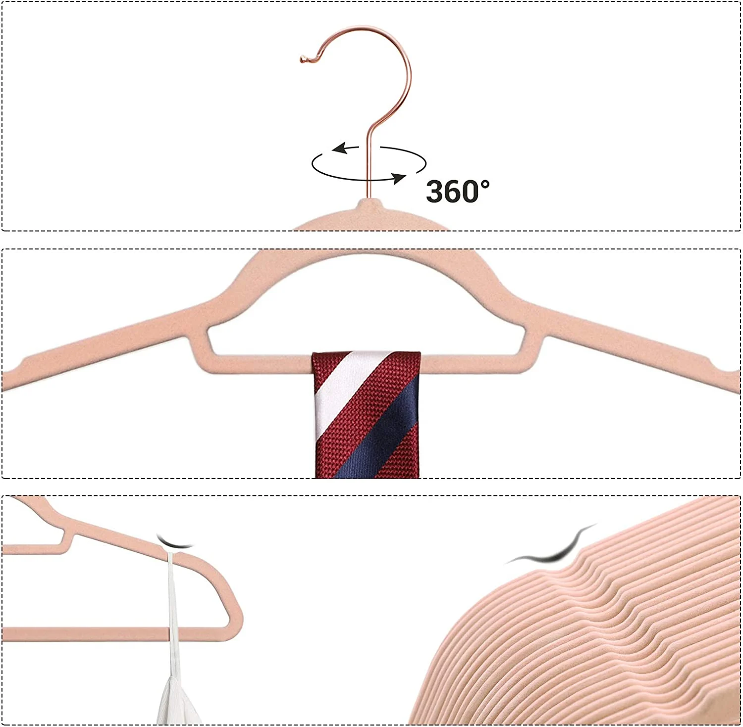 SONGMICS Set de 50 de umerase pentru haine, anti-alunecare cu catifea, bara de cravata si carlig pivotant, 43,5 cm, roz [7]