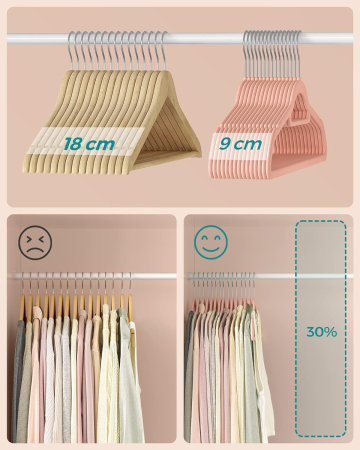 SONGMICS Set de 50 de umerase pentru haine, anti-alunecare cu catifea, bara de cravata si carlig pivotant, 43,5 cm, roz deschis [4]