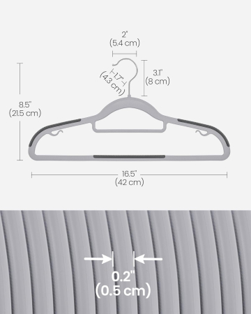 Set de 50 de umerase subtiri din plastic, antialunecare, cu deschidere U, carlige rotative 360Â°, 42 cm, gri [1]