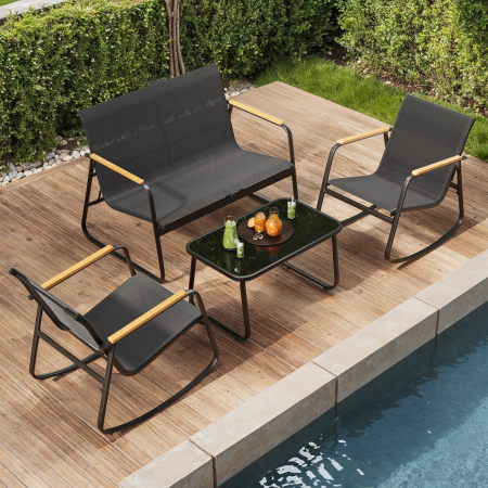 Gradina & balcon - Set mobilier gradina 4 locuri, 2 scaune balansoar, canapea si masa, cadru metalic, negru