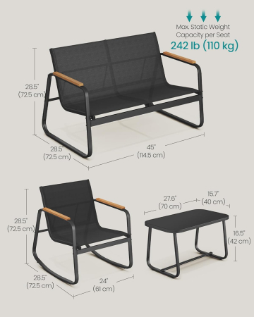 Set mobilier gradina 4 locuri, 2 scaune balansoar, canapea si masa, cadru metalic, negru [5]