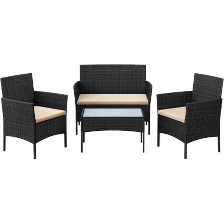 Set mobilier gradina 4 locuri, canapea, 2 scaune si masa cu sticla, ratan PE, negru [1]