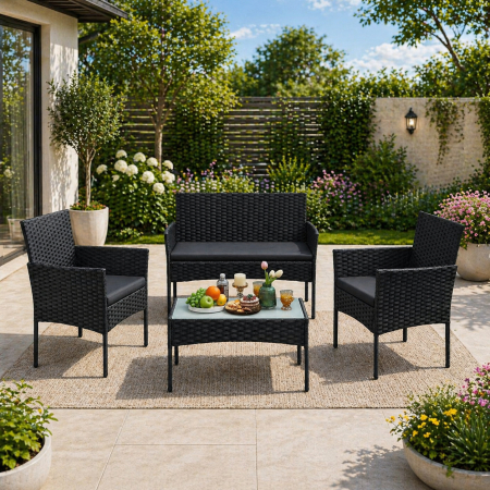 Mobilier gradina si terasa - Set mobilier gradina 4 locuri, canapea, 2 scaune si masa cu sticla, ratan PE, negru si gri