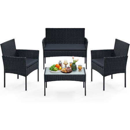 Set mobilier gradina 4 locuri, canapea, 2 scaune si masa cu sticla, ratan PE, negru si gri [5]
