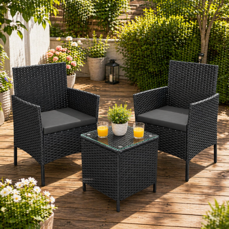 Mobilier gradina si terasa - Set mobilier gradina cu 2 locuri, 2 scaune si masa cu sticla, ratan PE, negru si gri