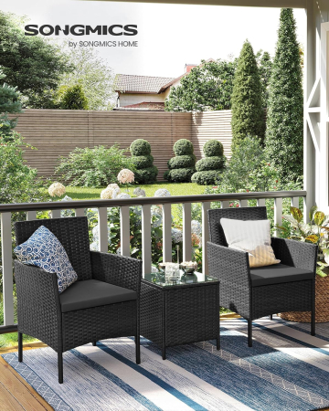 Set mobilier gradina cu 2 locuri, 2 scaune si masa cu sticla, ratan PE, negru si gri [5]