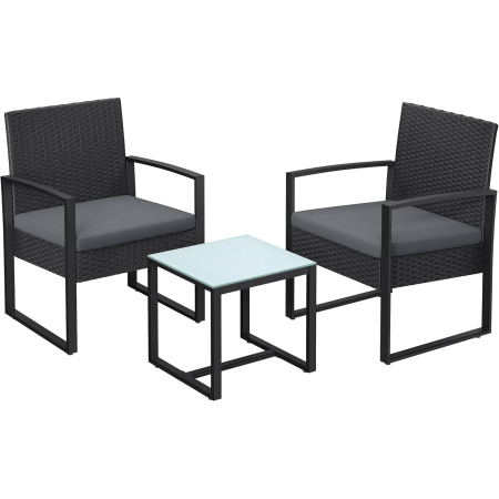 Set mobilier pentru gradina cu 2 scaune cu perne si masuta, cadru metalic, impletitura PE, negru si gri [7]