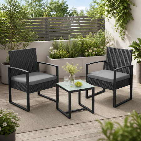 Gradina & balcon - Set mobilier pentru gradina cu 2 scaune cu perne si masuta, cadru metalic, impletitura PE, negru si gri