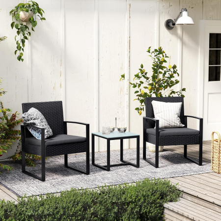 Set mobilier pentru gradina cu 2 scaune cu perne si masuta, cadru metalic, impletitura PE, negru si gri [3]