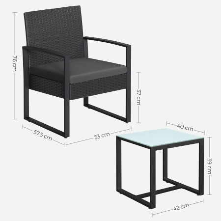 Set mobilier pentru gradina cu 2 scaune cu perne si masuta, cadru metalic, impletitura PE, negru si gri [1]