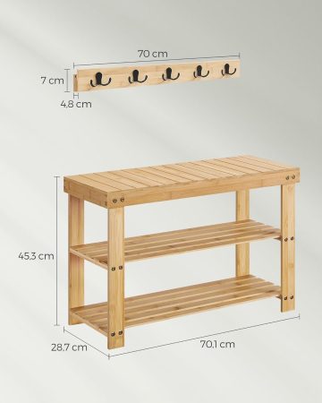 SONGMICS Set multifunctional pentru hol cu banca pentru pantofi si cuier, din bambus, 29x70x45 cm, maro natur [1]