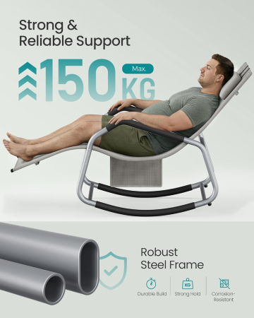 Sezlong balansoar gradina, cu tetiera reglabila si buzunar lateral, cadru otel, maxim 150 kg, 151x56x97 cm, gri [1]