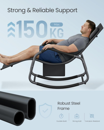 Sezlong balansoar gradina, cu tetiera reglabila si buzunar lateral, cadru otel, maxim 150 kg, 151x56x97 cm, negru [6]