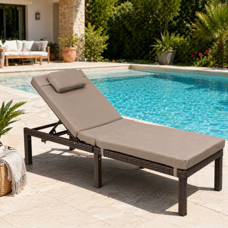Gradina & balcon - Sezlong gradina cu saltea groasa si tetiera, ratan PE si metal, maxim 150 kg, 195x65x40 cm, maro