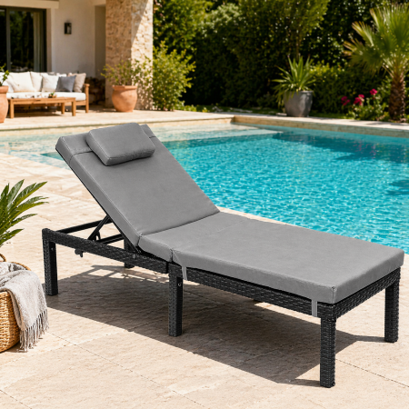 Gradina & balcon - Sezlong gradina cu saltea groasa si tetiera, ratan PE si metal, maxim 150 kg, 195x65x40 cm, negru si gri