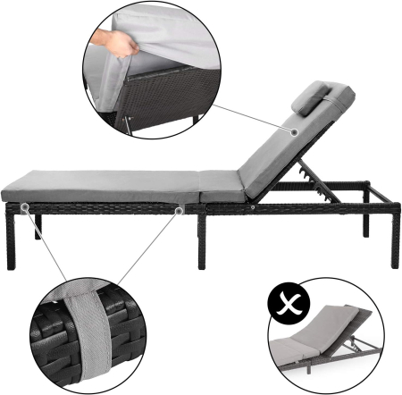 Sezlong gradina cu saltea groasa si tetiera, ratan PE si metal, maxim 150 kg, 195x65x40 cm, negru si gri [3]