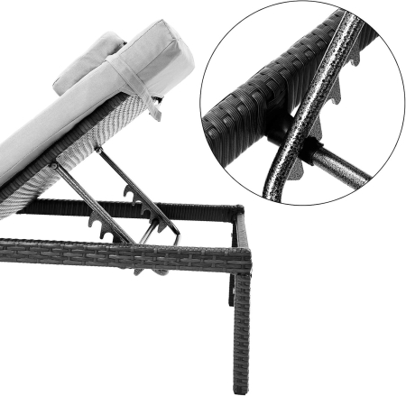 Sezlong gradina cu saltea groasa si tetiera, ratan PE si metal, maxim 150 kg, 195x65x40 cm, negru si gri [4]