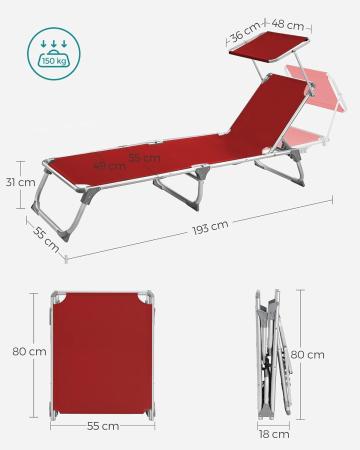 Sezlong pliabil, cadru usor din aluminiu, cu parasolar, spatar reglabil in 5 pozitii, maxim 150kg, 193x55x31cm, rosu [2]