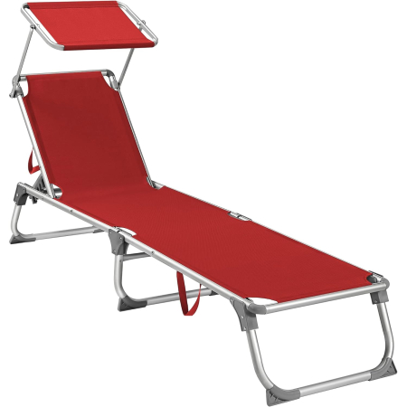 Gradina & balcon - Sezlong pliabil, cadru usor din aluminiu, cu parasolar, spatar reglabil in 5 pozitii, maxim 150kg, 193x55x31cm, rosu