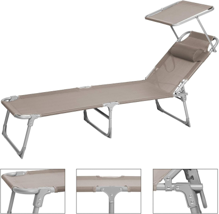 Sezlong pliabil cu parasolar si tetiera, spatar reglabil 4 pozitii, tesatura sintetica respirabila, max 150 kg, 193x53x29 cm, crem [12]