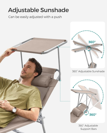 Sezlong pliabil cu parasolar si tetiera, spatar reglabil 4 pozitii, tesatura sintetica respirabila, max 150 kg, 193x53x29 cm, crem [4]