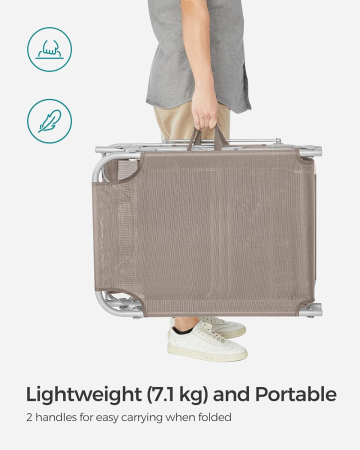 Sezlong pliabil cu parasolar si tetiera, spatar reglabil 4 pozitii, tesatura sintetica respirabila, max 150 kg, 193x53x29 cm, crem [8]