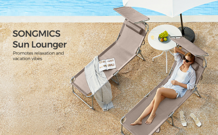 Sezlong pliabil cu parasolar si tetiera, spatar reglabil 4 pozitii, tesatura sintetica respirabila, max 150 kg, 193x53x29 cm, crem [9]