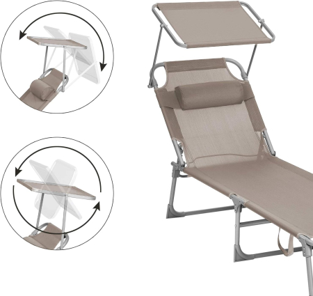 Sezlong pliabil cu parasolar si tetiera, spatar reglabil 4 pozitii, tesatura sintetica respirabila, max 150 kg, 193x53x29 cm, crem [13]