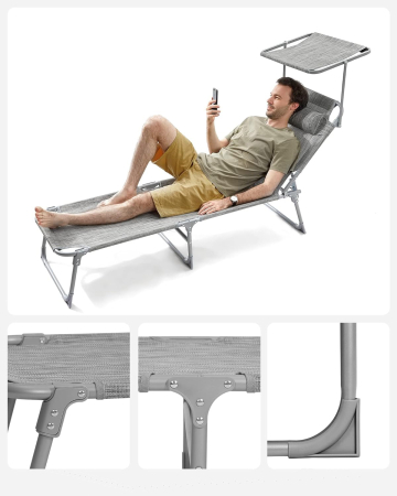 Sezlong pliabil cu parasolar si tetiera, spatar reglabil 4 pozitii, tesatura sintetica respirabila, max 150 kg, 193x53x29 cm, gri deschis [6]