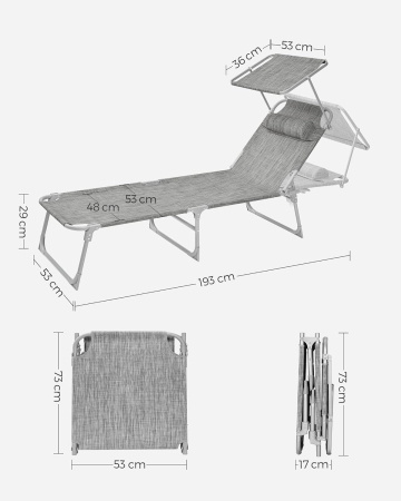 Sezlong pliabil cu parasolar si tetiera, spatar reglabil 4 pozitii, tesatura sintetica respirabila, max 150 kg, 193x53x29 cm, gri deschis [2]