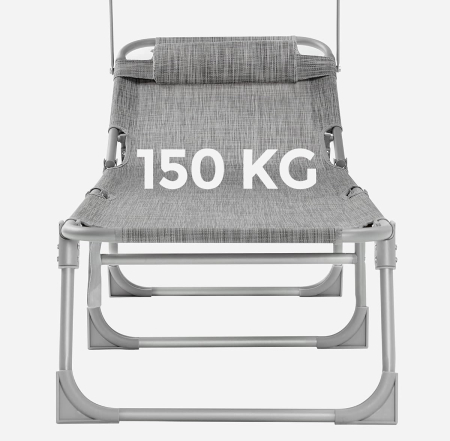 Sezlong pliabil cu parasolar si tetiera, spatar reglabil 4 pozitii, tesatura sintetica respirabila, max 150 kg, 193x53x29 cm, gri deschis [5]