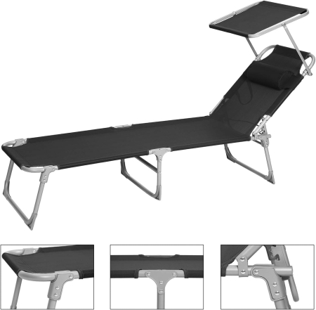 Sezlong pliabil cu parasolar si tetiera, spatar reglabil 4 pozitii, tesatura sintetica respirabila, max 150 kg, 193x53x29 cm, negru [16]