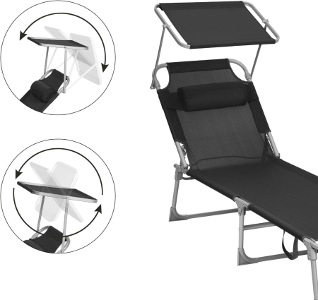 Sezlong pliabil cu parasolar si tetiera, spatar reglabil 4 pozitii, tesatura sintetica respirabila, max 150 kg, 193x53x29 cm, negru [15]