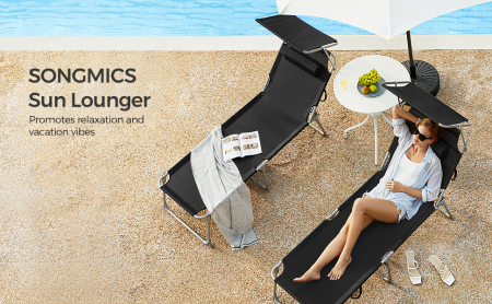 Sezlong pliabil cu parasolar si tetiera, spatar reglabil 4 pozitii, tesatura sintetica respirabila, max 150 kg, 193x53x29 cm, negru [9]