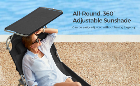 Sezlong pliabil cu parasolar si tetiera, spatar reglabil 4 pozitii, tesatura sintetica respirabila, max 150 kg, 193x53x29 cm, negru [10]